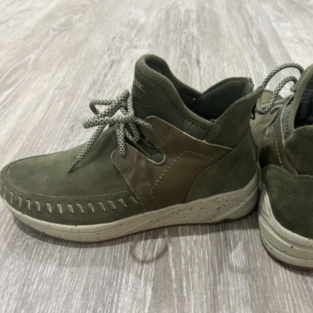 Earth Jaunt Women's Olive Suede Sneaker Boot Size 7.5B Zipper Back Tie Front